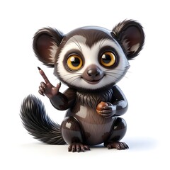 Fototapeta premium Cute cartoon lemur animal character pointing finger holding nut