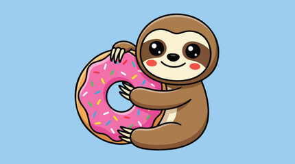 Fototapeta premium Cute cartoon sloth hugging a pink frosted donut with sprinkles.