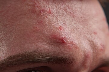 Fototapeta premium Forehead Acne Close Up Showing Mild Redness and Clogged Pores