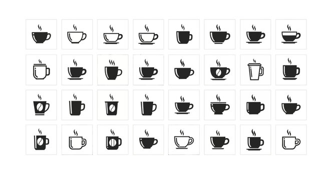Collection of stylized coffee cup icons on a grid layout for design and communication purposes