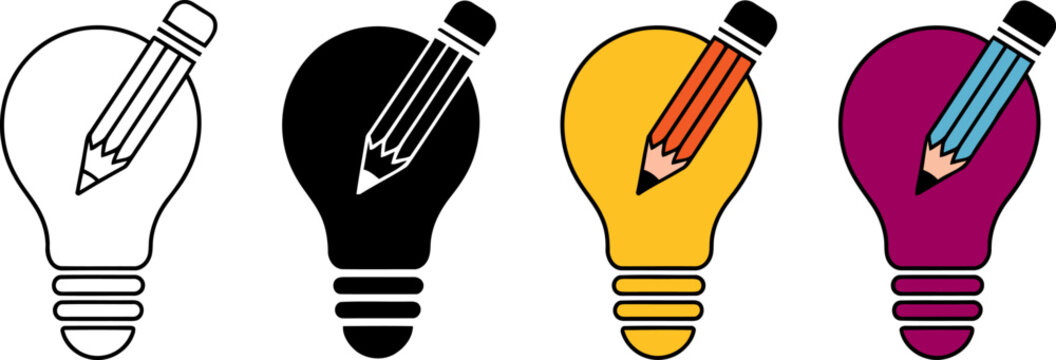 Four stylized icons of light bulbs with pencils inserted symbolizing creative ideas and innovation