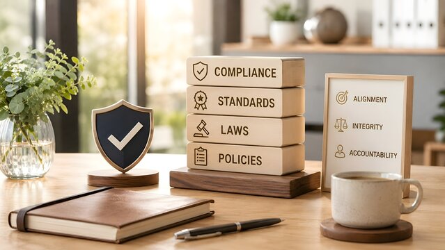 Business ethics and compliance concept with stacked wooden blocks, protective shield and integrity sign on bright office desk with coffee