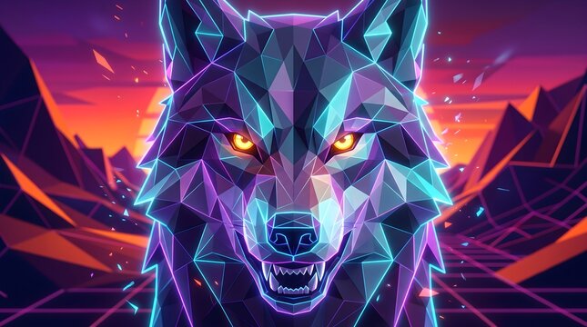 Close up of a fierce wolf in futuristic neon low- poly style