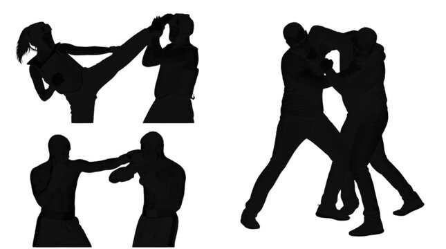 Two silhouette figures dancing together in black