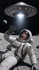 Fototapeta premium Terrified astronaut lying on lunar surface as flying saucer hovers above. Extraterrestrial encounter on the moon with unidentified flying object.