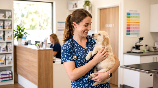 Smiling-veterinary-technician-gently-holding-a-puppy-in-her-arms