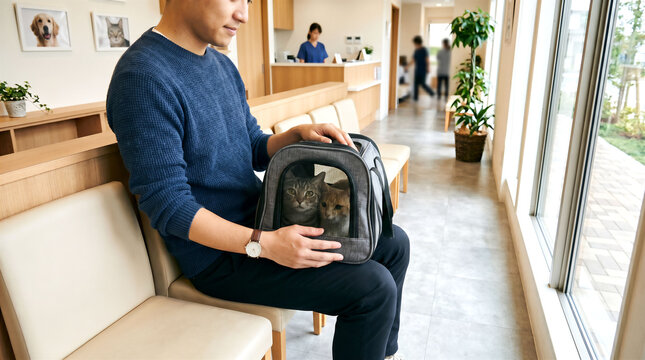 キャリーを膝に置き順番を待つ男性