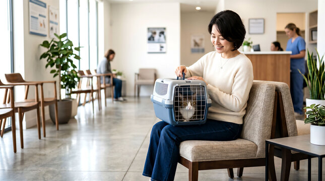 ケージの中の猫を覗き込み待つ飼い主