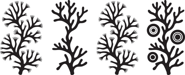  Coral reef shapes, icon set, marine life silhouettes, ocean ecosystem elements, underwater nature graphics, and decorative vector design collection. ©   