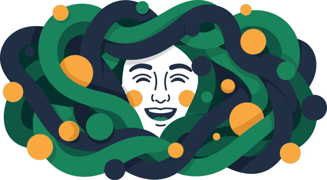 Illustration of Medusa smiling with colorful snakes and orbs surrounding her face