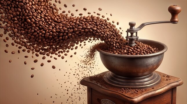 Dark beans cascading into a traditional manual grinder. Vintage wooden coffee mill with metal bowl and handle on neutral background.