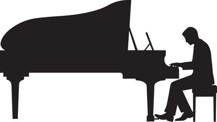 Grand piano player silhouette vector illustration featuring classical musician performing elegant live music concert isolated on white background © MstMoheja