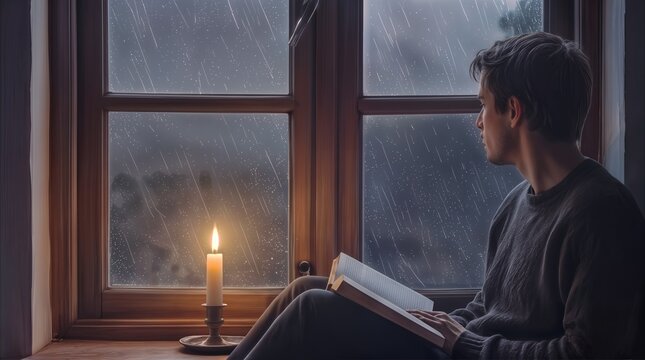 Melancholy mood as man watches rain through window pane. Solitude during rainstorm with person sitting on windowsill holding book and lit candle.