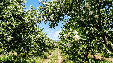 Fototapeta premium A vibrant citrus grove in full bloom with delicate orange blossoms framing a sun-drenched dirt path under a clear blue sky