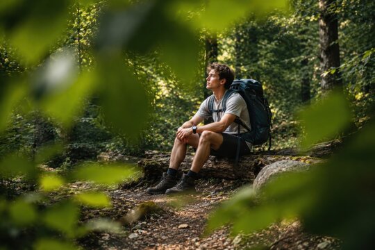 Young male hiker with backpack resting on a log in a lush green forest, surrounded by trees and foliage, enjoying nature during a hiking trip