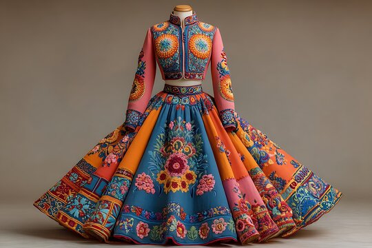Traditional indian lehenga choli with intricate floral embroidery in vibrant pink, orange, and