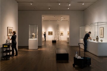 Two museum staff members preparing exhibits in a modern art gallery, showcasing framed artworks and glass display cases with artifacts in a well-lit space © Denis Tuev