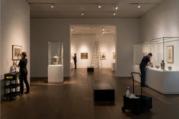 Two museum staff members preparing exhibits in a modern art gallery, showcasing framed artworks and glass display cases with artifacts in a well-lit space © Denis Tuev