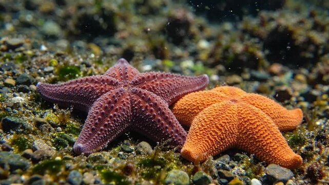Vibrant purple and orange starfish resting on rocky seabed underwater close-up marine life macro shot for nature and ocean documentaries