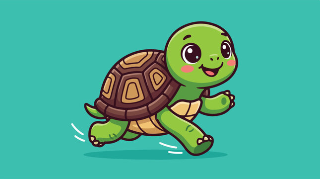 Cute cartoon turtle running happily with a smiling face and big eyes.