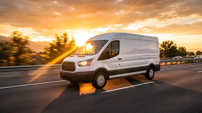 White commercial van driving on highway at sunset with golden light and motion blur fast logistics delivery modern commercial technology abstract concept