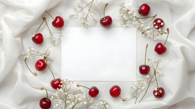 Cherry Border with Blank Card: A delightful arrangement of fresh, ripe cherries and delicate white flowers encircles a blank white card, offering a sweet and elegant backdrop for your message.