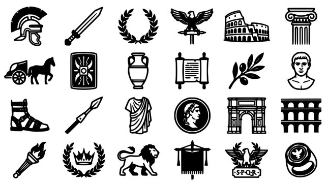 Roman Icon Set Featuring Helmets, Weapons, Laurel Wreaths, Columns, Coins, and Classical Architecture Symbols in Monochrome Design