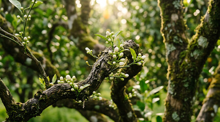 Fototapeta premium Orange blossom buds cluster on a gnarled tree branch, illuminated by soft sunlight in a garden setting.