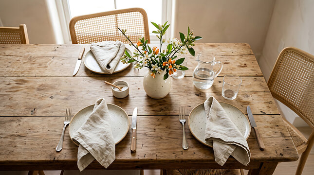 Rustic wooden table setting with fresh floral arrangement and place settings for a meal