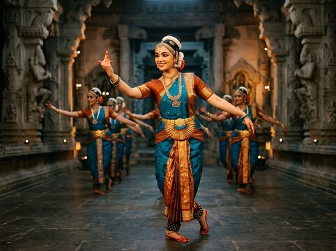 Bharatanatyam dancers, traditional Indian dance, blue and gold costumes, temple background, classical dance performance, Indian culture
