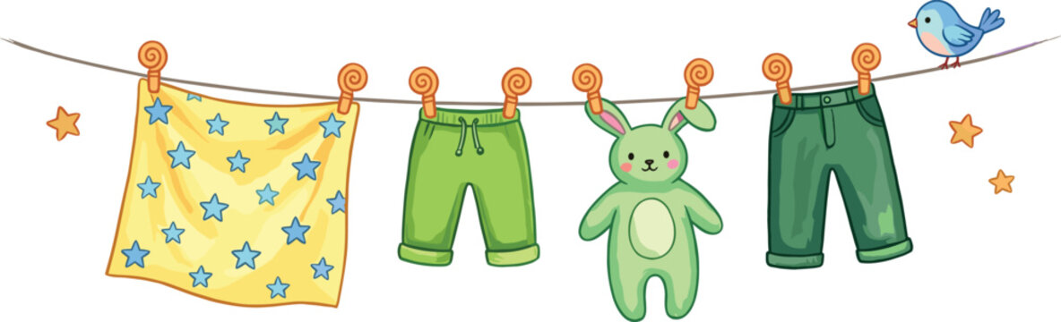 Cartoon illustration of baby clothes and a cute plush toy hanging on a clothesline