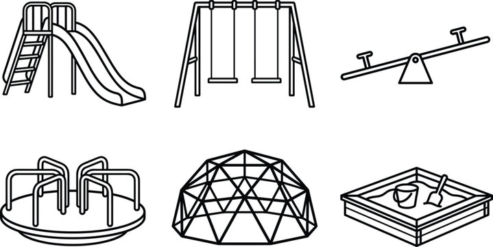Playground equipment outline icon collection featuring slide swings seesaw merry go round climbing dome and sandbox vector set