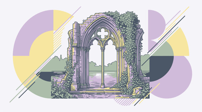 Historic stone archway and courtyard trees vector illustration.