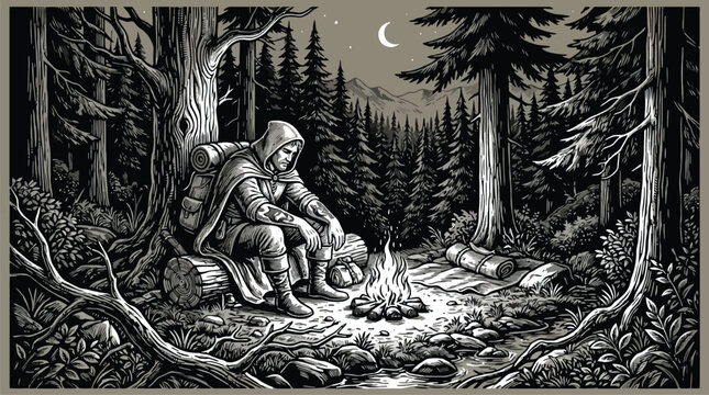 Knight Warrior in Dark Forest Vector Engraving Style with Moon Night Background.