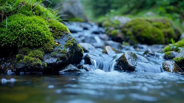 Calm Flow of a Mountain Stream with Moss-Covered Rocks