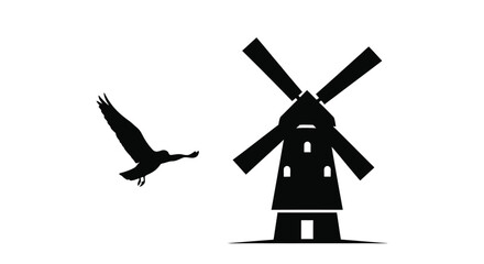 Fototapeta premium Windmill And Flying Bird Silhouette Against White Background