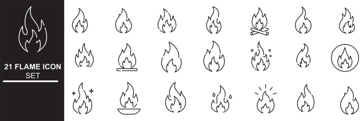 Naklejka premium Fire flames icon set. Burning hot vector silhouettes on transparent background