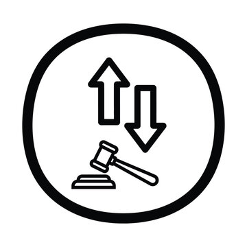 Minimalist legal auction icon with judge gavel and up down arrows, black line art vector of bidding process and court ruling, professional law and justice symbol for web design