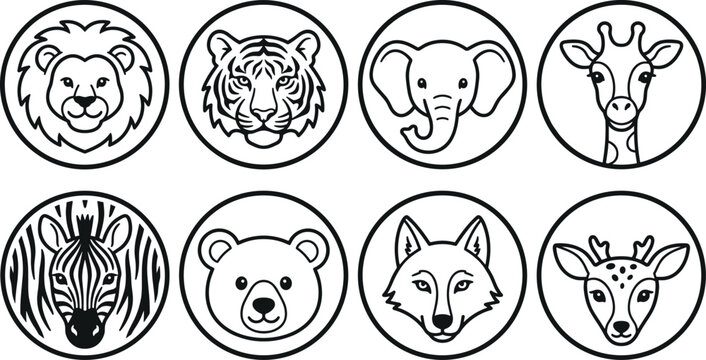 Wild animal face outline icon collection featuring lion tiger elephant giraffe zebra bear wolf and deer vector illustration set
