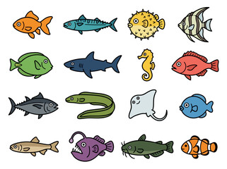Obraz premium A collection of various colorful cartoon fish and sea creatures on a white background.