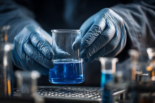 hand of scientist holding flask with lab glassware in chemical laboratory background, science laboratory research and development concept