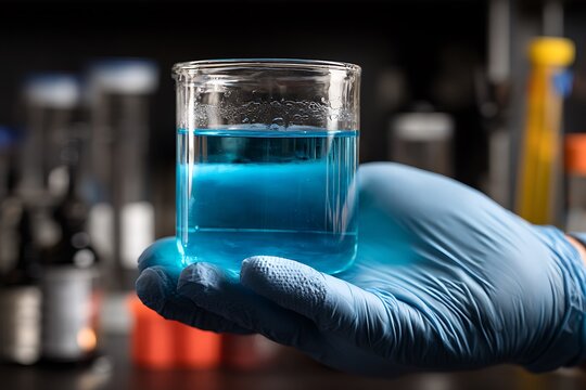 hand of scientist holding flask with lab glassware in chemical laboratory background, science laboratory research and development concept