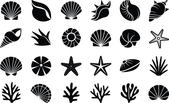 Sea shell and coral silhouette icons set including starfish seashell and underwater life