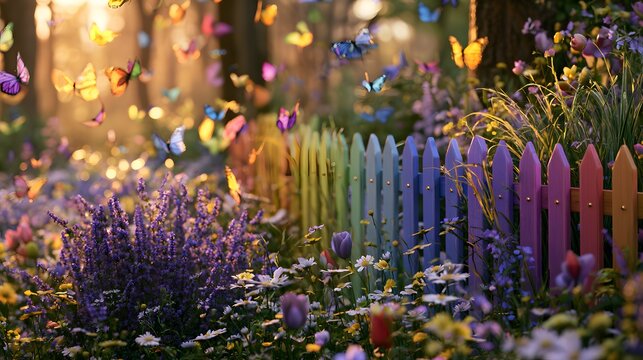 A charming spring garden featuring a handcrafted pastel wooden picket fence painted in blush pink, lavender, butter yellow, mint green, cream, and soft peach.
