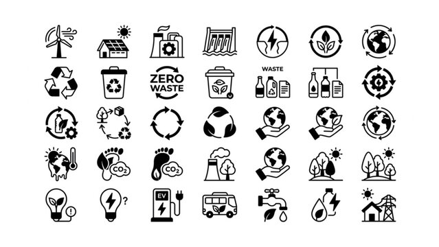 Comprehensive Eco and Sustainability Icon Set Featuring Renewable Energy, Zero Waste, Recycling, and Environmental Protection Concepts&rdquo;
