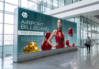 Panoramic Horizontal Billboard in Bright Clean Airport Interior Mockup