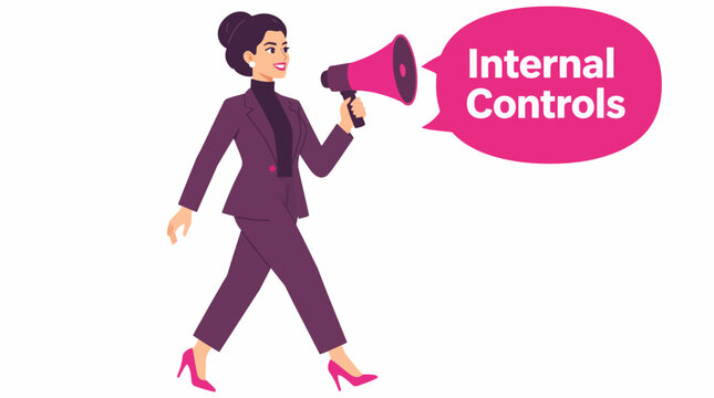 Businesswoman using megaphone for internal controls announcement.