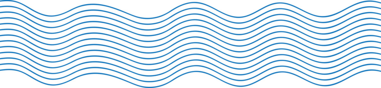 Abstract wavy line border vector background. Blue parallel wave pattern representing water ripples or ocean movement. Seamless horizontal stripe graphic isolated on a white background.