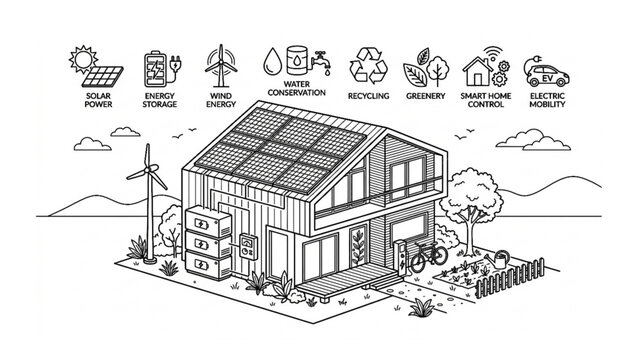 Smart eco home with solar panels, EV charging, rainwater harvesting, and energy storage system