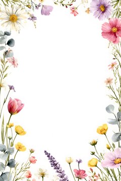 Delicate spring wildflower border with daisies, cosmos, tulips, buttercups, lavender and eucalyptus leaves surrounding a clean white center.